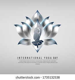 Silhouette girl doing yoga pose, with pearl steel lotus as background. Suitable for international yoga day