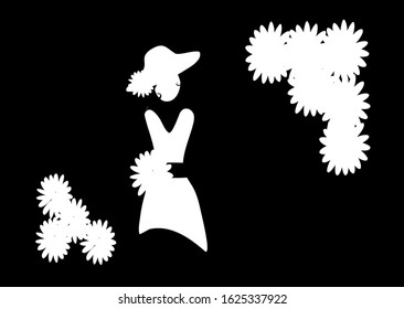 silhouette of girl in dress and hat with flower, flowers in corners on the black background