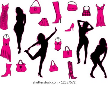 silhouette girl, dress, shoe and reticule