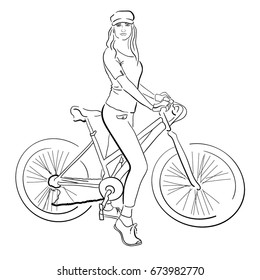 silhouette the girl dressed in a t-shirt, sneakers, cap, and stands near the bike. sketch. fashion illustration. vector