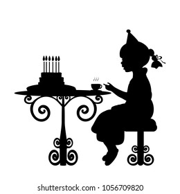 Silhouette girl drink tea with cake birthday
