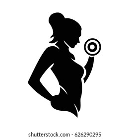 Silhouette of a girl with a dumbbell icon, a girl training, sport logo. 
Healthy sports body sign