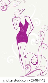 Silhouette of the girl in an elegant hat.Vector