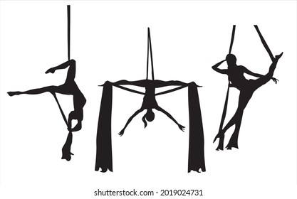 Silhouette of a girl is engaged in aerial acrobatics. Aerial silk dancer in vector. Set of illustrations on a white background.