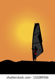 Silhouette of the girl engaged in surfing at sunset