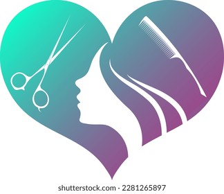 Silhouette girl face heart and scissors hairbrush. Symbol for beauty and hair salon