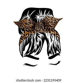 Silhouette of a girl face with messy hair in a bun and tiger bandana for head wrap. Female hairstyle. Vector illustration