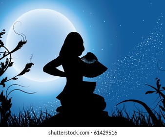 Silhouette of the girl with a fan in a full moon
