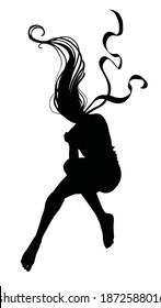 Silhouette Of A Girl Floating In The Air Without Clothes, Confused Clenched In A Ball, Her Hair And Scarf Flow Beautifully Up. 2D Illustration.