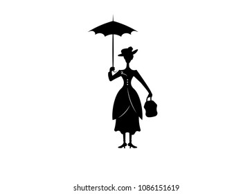 Девушка силуэт плывет с зонтиком в руке, векторный изолированный или белый фон 