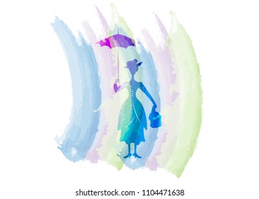 Silhouette girl floats with umbrella in his hand, watercolour , Mary Poppins style,  vector isolated