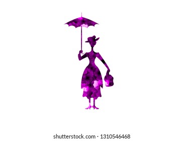 Silhouette girl floats with umbrella in his hand, purple flowers silhouette, Poppins style, vector isolated or white background