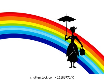 Silhouette girl floats with umbrella in his hand and colorful rainbow in the sky, Poppins style, vector isolated or white background 