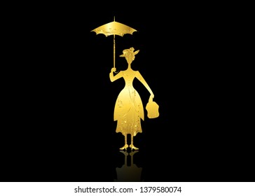 Silhouette girl floats with umbrella in his hand, lady in gold leaf style, vector isolated or black background 