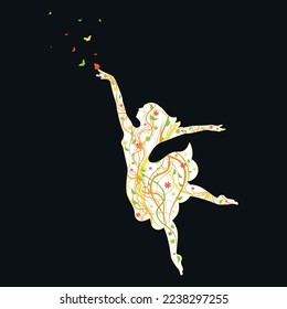 Silhouette of girl with flowers and butterfly