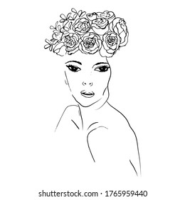 
Silhouette of a girl with flowers on her head, a symbol of the nature of cosmetics. Face with flowers. Vector line.