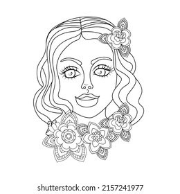 Silhouette of a girl with flowers in the style of line art, coloring book, print on the product, laser engraving on textiles, vector illustration