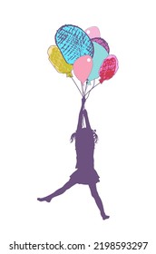 Silhouette of a girl flying in balloons. Vector illustration. Happy birthday.