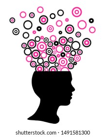 Silhouette girl and flying gears, illustration white background