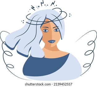 Silhouette of a girl in the form of an angel. Bright portrait of a beautiful woman. The concept of fighting for peace against war. Vector isolated illustration in blue tones. Flat style.