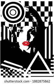 Silhouette of a girl in geometric background, black and white
