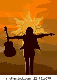 Silhouette of a girl with a guitar against the backdrop of the sun with a mountain landscape.