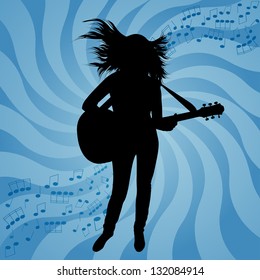 Silhouette of the girl with a guitar, vector illustration