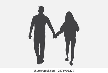 Silhouette of a girl and a guy walking hand in hand in vector, flat style.