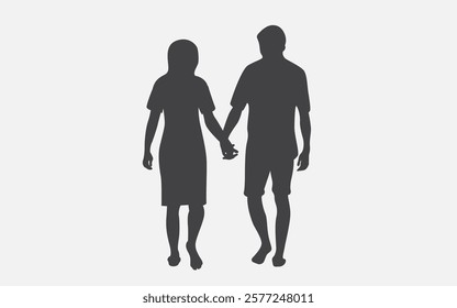 Silhouette of a girl and a guy walking hand in hand in vector, flat style.