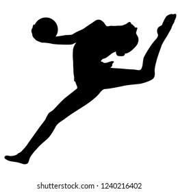 Silhouette girl gymnast with the ball on white background
