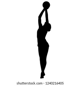 Silhouette girl gymnast with the ball on white background