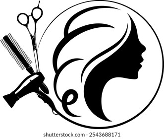 Silhouette of a girl with hairstyle, scissors, comb and hairdryer