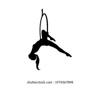 Silhouette of the girl hanging in the aerial hoop. Aerial gymnastics dancer. Vector illustration isolated in white background