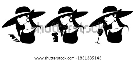Silhouette of a girl in a hat. A set of silhouettes of a woman holding a mobile phone, a cup of tea, a glass of wine in her hand. Stock vector illustration