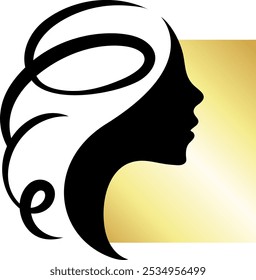 Silhouette of a girl head with hairstyle and golden square