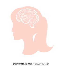 Silhouette of a girl head with neural networks in the brain. Vector illustration in white and pink colors isolated on white background. Design for t-shirt, cards or posters.