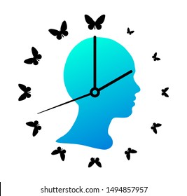 Silhouette of the girl head and wall clock with butterflies