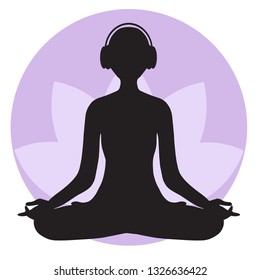 Silhouette of a girl in headphones on a purple background. Vector illustration.