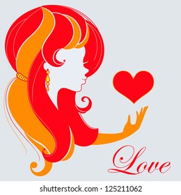 The silhouette of a girl with a heart: valentines card