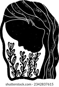 
Silhouette eines Mädchens mit Kräutern. Illustration im linocut-Stil. Vektorschwarzes Element.