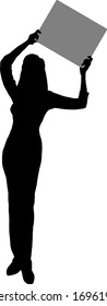 Silhouette of a girl holding a blank rectangular placard board above her head . Vector illustration.