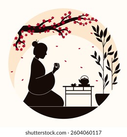 Silhouette of a girl holding a cup during a tea ceremony with beautiful nature. Tea ceremony. Vector illustration	
