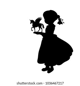 Silhouette girl holding fantasy unicorn. Vector illustration