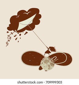 Silhouette of girl holding kite standing on rope wrapped around Moon. Dream, childhood, lifestyle concept. Vector illustration