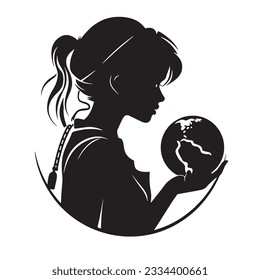 Silhouette of a girl holding the planet Earth in her hand. Trips. Dreams. Geography. Black and white colors. Vector. Logo.