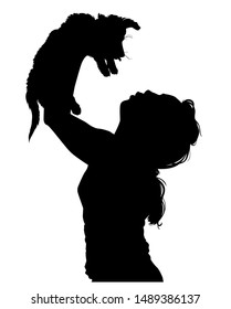 silhouette of a girl holding a puppy vector illustration