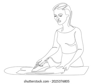 Silhouette of a girl with an iron ironing linen in a modern one line style. Continuous line drawing, aesthetic outline for home decor, posters, wall art, stickers, logo. Vector illustration.