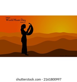 Silhouette of a girl from the island of Rote NTT playing the traditional musical instrument Sasando. vector, world music day banner.