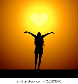 Silhouette of a girl joyful hands up. Vector