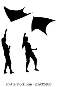 Silhouette of a girl with a kite on white background